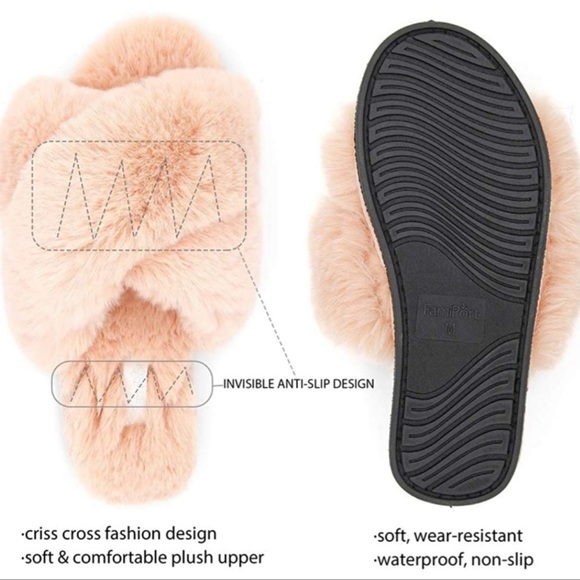 Fluff faux fur slide slippers cross band cream/white M - Picture 2 of 5
